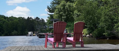 Muskoka chairs on dock looking west.