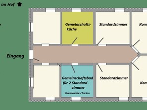 Grundriss für die Standardzimmer und deren gemeinsames Badezimmer über booking.com =Deluxe Zimmer