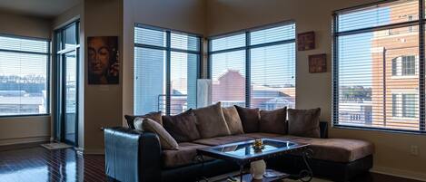 High ceilings and spacious sofa bed accentuates the living room