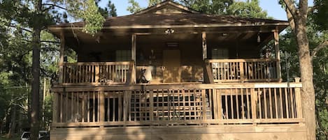 Looking up at deck and porch from lake