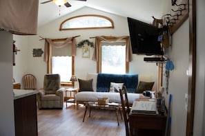 Living area with a queen futon and a Roku smart TV.