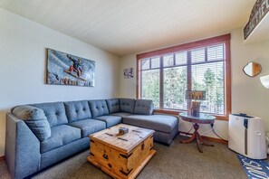 Comfortable living room with pull out sleeper sofa.