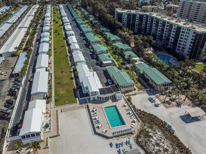 Aerial shot of the condos with the large green space in between