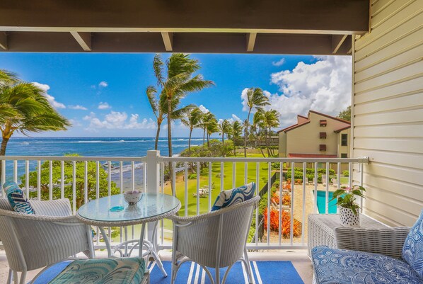 Lanai with Oceanfront and Pool Views