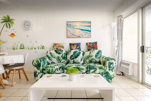 Living room with a non-pullout sofabed 