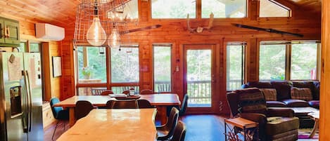 View from Kitchen to top patio. Island has seating for 4.