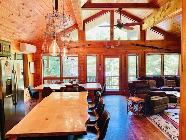 View from Kitchen to top patio. Island has seating for 4.