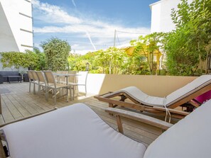 north terrace equipped, lounge area, dining table, barbecue ...
