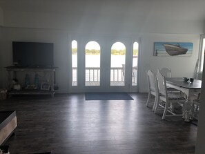 Main house great room, deck overlooking the lake