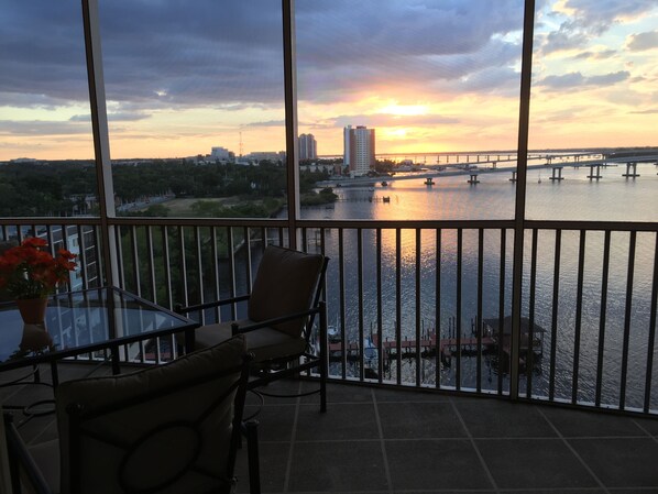 Sunset from the large balcony outside living room and master bedroom