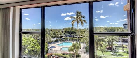 Views from the living room wall of windows.  Doesn't the pool look inviting!?