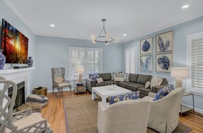 Living area with fireplace.