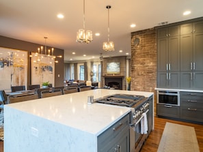 Open kitchen view into dining and living area.