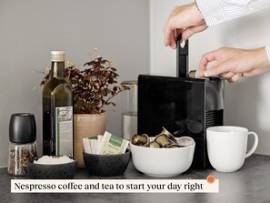 We provide you with Nespresso coffee, tea, olive oil and salt & pepper.