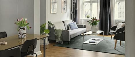Spacious and bright living room with a comfortable sofa bed.
