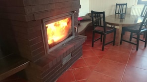Living area. Fireplace in villa "Dzukijos uoga" - a vacation home by Druskininkai Lithuania