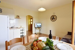 The living area with kitchen, sofa bed, flat-screen satellite TV, and dining table