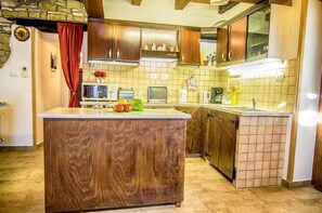 The fully equipped kitchen with dishwasher, microwave, oven, toaster, coffee maker ...