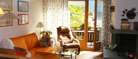 living room with chimney