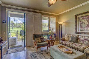 Stay cool with travertine floors, A/C throughout and plantation shutters