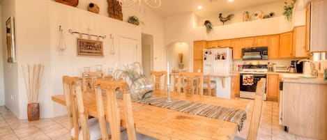 Bright, warm open kitchen and dining