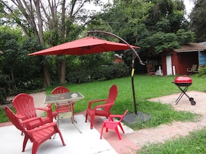 backyard patio, furniture. Grill removed because of Covid19 related ordinances