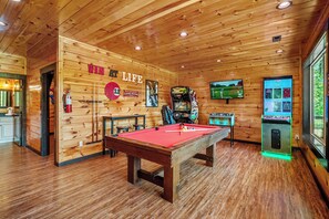 Game room with Pool table, Driving arcade Game, Golden Tee and Multicade!