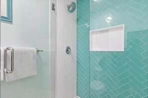 Walk in tile shower in master!