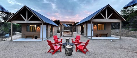 The Courtyard Cabins offer communal hot tubs and a fire pit
