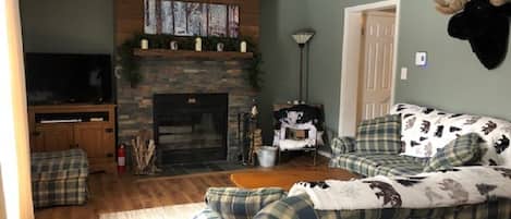 Cozy living room space with fireplace. We provide the wood.