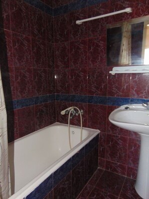 Studio's bathroom includes: a sink, a shower and a toilette.