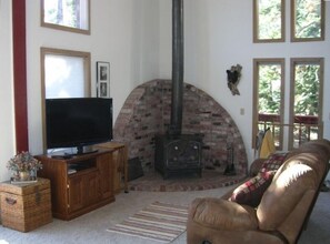 Living Room, 42" HDTV & Wood Stove