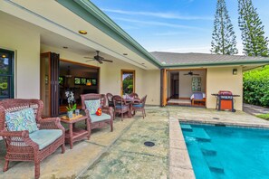 Relax and unwind under the covered courtyard and pool area.