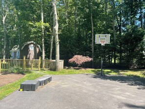 Basketball hoop and kids skate ramp