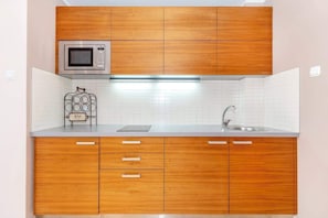 Kitchenette with an induction hob, refrigerator with freezer and microwave.