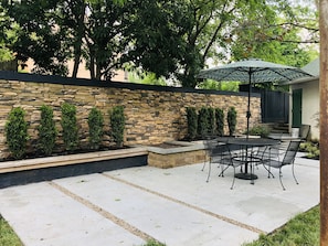 Backyard with patios, fire pit, BBQ grill and hammock, for relaxing.