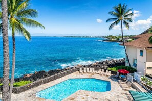 View of the pool and ocean as seen from the lanai