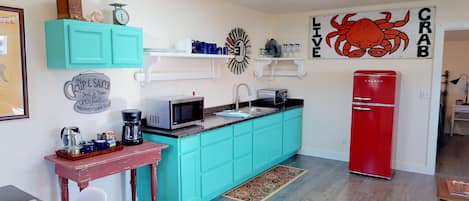 Colorful kitchenette includes microwave, toaster oven & fridge. - Colorful kitchenette includes microwave, toaster oven & fridge.