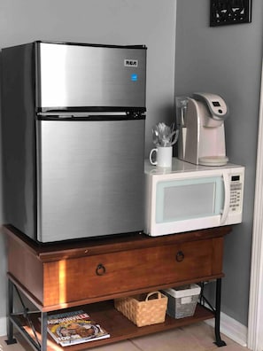 Stocked mini-fridge, Keurig, and microwave