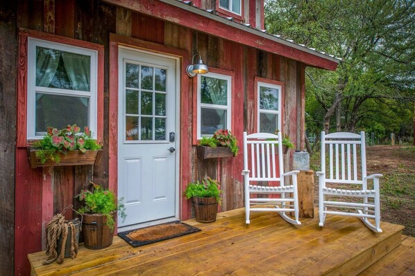 The Little Red Hen is sided with old barn wood.