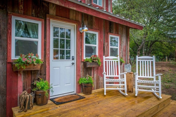 The Little Red Hen is sided with old barn wood.