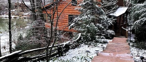 Front of cabin in the winter