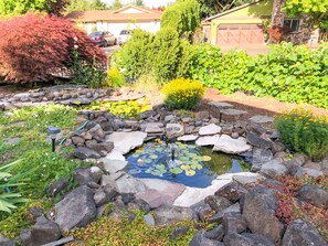 Waterlilies, fountain, wildflowers, cascading grape vines, cherry and fig trees.