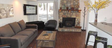 Living room and fire place, flat screen tv