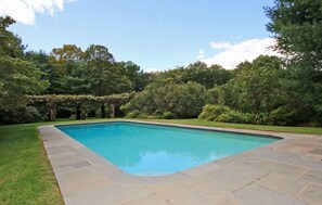 The pool, grape arbor and lilac hedges.