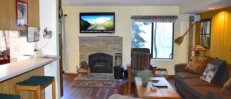 Living room, fireplace and large flat screen TV