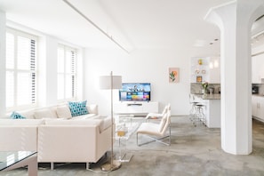 Living room with smart TV. Please note we do not have cable!