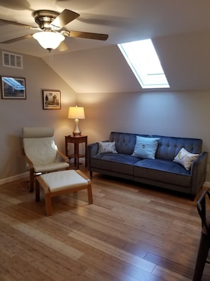 Living area with convertible sofabed.