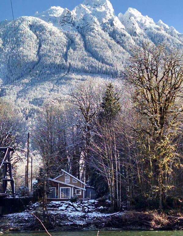 Backyard view of cabin looking from across the river.