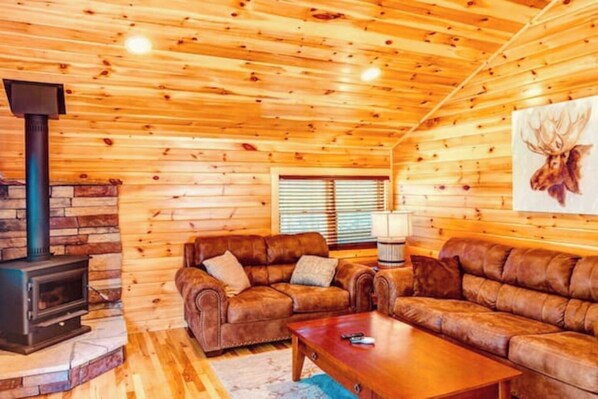Living room with wood burning unit 
